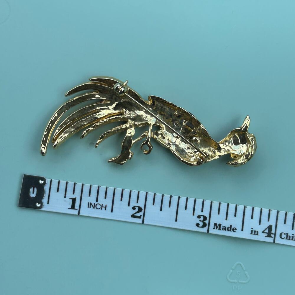 Vintage Multi-Colored Enamel Peacock Brooch Gold-Tone Rhinestone Bird Pin - Picture 6 of 10